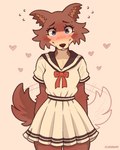 anthro blue_eyes blush bottomwear bow_(feature) brown_body brown_fur clothed clothing eyebrows eyelashes female fur heart_symbol looking_at_viewer school_uniform simple_background skirt solo tail tail_motion tailwag uniform jayrnski beastars juno_(beastars) canid canine canis mammal wolf 2024 artist_name hi_res