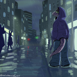 ambiguous_gender anthro blue_bottomwear blue_clothing blue_jeans blue_pants bottomwear building city cityscape clothing cloud cloudy_sky denim denim_bottomwear denim_clothing footwear hands_in_both_pockets hood_up hoodie jeans looking_at_viewer looking_back looking_back_at_viewer night pants pavement purple_clothing purple_hoodie purple_topwear raining reflective_floor road shoes sidewalk sky skyscraper solo_focus standing storefront street street_lamp tail topwear traffic_light window_light yellow_sclera beenz background_character seb_(beenz) gecko lizard reptile scalie 1:1 2025 absurd_res digital_drawing_(artwork) digital_media_(artwork) hi_res watermark trans_(lore) trans_man_(lore)