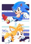 anthro black_eyes blue_body blue_fur border clothing duo fist footwear fur gloves handwear male open_mouth pattern_background shoes simple_background smile striped_background text white_body white_border white_fur yellow_body yellow_fur young mennnntaiko classic_sonic_(universe) sega sonic_the_hedgehog_(series) classic_sonic classic_tails miles_prower sonic_the_hedgehog canid canine eulipotyphlan fox hedgehog mammal 2019 english_text hi_res