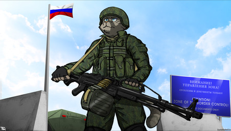 anthro apc armored_vehicle bipod blue_eyes border_coutrol camo cloud day gun holding_machine_gun machine_gun male male_anthro military outside pkp_pecheneg politics ranged_weapon rifle_sling russian russian_federation russian_flag security_checkpoint sky soldier solo text vehicle warrior weapon last69skulls felid feline mammal pallas's_cat 2017 artist_name broken_language digital_drawing_(artwork) digital_media_(artwork) english_text russian_text signature translated