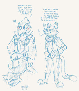 beak blush cigarette duo female male smoking smoking_cigarette tail text toony doodledoggy nintendo star_fox falco_lombardi katt_monroe avian bird domestic_cat felid feline felis mammal 2026 absurd_res english_text hi_res monochrome
