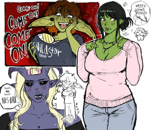 blue_bottomwear blue_clothing blue_pants bottomwear clothing fake_breasts female green_body green_skin group long_ears nervous open_mouth pants pink_clothing pink_shirt pink_topwear purple_body purple_skin sharp_teeth shirt teeth text topwear trio tusks 8000wildstar dungeons_and_dragons hasbro kakegurui kakegurui_masho_(meme) wizards_of_the_coast goblin humanoid orc tiefling absurd_res english_text hi_res meme