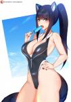 black_body black_fur black_hair blue_eyes breasts cleavage clothed clothing female food fur hair hand_on_hip looking_at_viewer open_mouth popsicle solo tongue tofuubear reiko_(tofuubear) animal_humanoid canid canid_humanoid canine canine_humanoid humanoid mammal mammal_humanoid wolf_humanoid