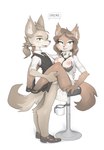 anthro blue_eyes bodily_fluids bra_down clothed clothing cum cum_collecting cum_in_vagina cum_inside duo female genital_fluids green_eyes hair holding_body looking_at_viewer male male/female partially_clothed sex sitting standing standing_sex text tied_hair choecoga humanoid absurd_res hi_res korean_text
