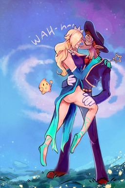 armwear ballerina_shoes bite biting_lip carrying_another clothed clothing cosmic_background crown dialogue duo ear_piercing ear_ring elbow_gloves exposed_thigh eyes_closed female gloves hand_on_leg hand_on_thigh handwear headgear male male/female piercing pointy_ears ring_piercing slit_dress wand tsunekitsune mario_bros nintendo super_mario_galaxy rosalina_(mario) waluigi humanoid luma