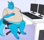 anthro athletic_wear belly big_belly black_bottomwear black_clothing black_sclera black_shorts blue_body blush bottomwear chair clothing computer computer_mouse desk electronics furniture grey_clothing grey_shirt grey_topwear gym_bottomwear gym_shorts holding_belly keyboard looking_at_viewer male monitor moobs mouse_pad multicolored_body office office_chair on_chair overweight overweight_male paws shirt shorts sitting sitting_on_chair smile solo table tail topwear two_tone_body yellow_eyes aucherr kobold scalie 2023 hi_res