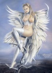 blonde_hair boots breasts city cityscape clothed clothing feathered_wings feathers female footwear gloves hair handwear jewelry legwear looking_at_viewer mountain necklace nipples not_furry outside plant shoes sitting skimpy solo stockings tree wings lorenzo_sperlonga angel