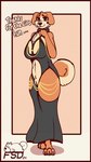 anthro belly canid canine canis ceega clothing crotchless_clothing curled_tail dialogue domestic_dog dress female fluffy fluffy_tail fsdog full-length_portrait fur genitals hi_res hollow_hip_backless_chain_dress hollow_hip_dress looking_at_viewer mammal orange_body orange_fur portrait pussy solo tail talking_to_viewer tan_body tan_fur text