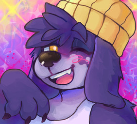 3_fingers abstract_background ambiguous_gender anthro arm_tuft beanie black_nose blue_body blue_fur blush claws clothing countershade_fur countershade_snout countershading cute_fangs ear_tuft eyebrows facial_piercing fangs finger_claws fingers floppy_ears fur hat head_tuft headgear headwear nose_piercing nose_ring one_eye_closed open_mouth piercing ring_piercing sharp_teeth shirt shoulder_tuft snout solo sparkles tank_top teeth thick_eyebrows tongue topwear tuft white_clothing white_shirt white_topwear wink yellow_clothing yellow_eyes yellow_hat yellow_headwear muttzone can_of_bliss canid canine canis domestic_dog mammal 2025 absurd_res bust_portrait hi_res portrait