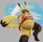 anthro bottomless braided_pigtails clothed clothing eyewear female fur genitals glasses low-angle_view pokemorph pussy short_stack sign solo yellow_body yellow_fur drxsmokey nintendo pokemon fan_character millie_(drxsmokey) generation_1_pokemon pikachu pokemon_(species)