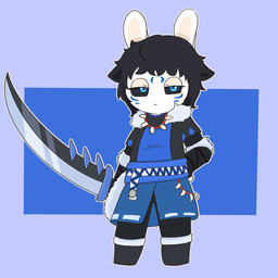 anthro armwear black_armwear black_boots black_bottomwear black_clothing black_elbow_gloves black_footwear black_gloves black_hair black_handwear black_pants black_sclera blue_background blue_clothing blue_eyes blue_markings blue_sash blue_shirt blue_topwear boots bottomwear closed_frown clothed clothed_anthro clothed_female clothing elbow_gloves eyelashes eyewear facial_markings female female_anthro flat_chested footwear frown frowning_at_viewer fully_clothed fully_clothed_anthro fully_clothed_female fur_trim_(clothing) glasses gloves hair hand_on_hip hand_on_own_hip handwear head_markings holding_melee_weapon holding_object holding_sword holding_weapon jewelry light long_ears looking_at_viewer markings medium_hair melee_weapon mouth_closed necklace noseless outline pants pupils rectangular_glasses shirt shoes simple_background slit_pupils solo standing sword tan_eyelids tan_inner_ear topwear weapon white_outline peypey_mei1925 raving_rabbids rayman_(series) ubisoft fan_character lagomorph mammal rabbid 1:1 2024 colored digital_drawing_(artwork) digital_media_(artwork) full-length_portrait hi_res lighting portrait shaded