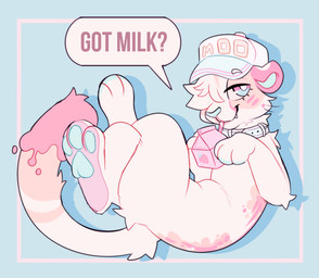 ambiguous_gender blue_background blue_eyes clothing collar drinking feral flavored_milk food fruit fur hat headgear headwear milk paws pink_body pink_fur plant simple_background solo speech_bubble strawberry strawberry_milk tan_body tan_fur text pillowrabbit felid feline mammal english_text hi_res