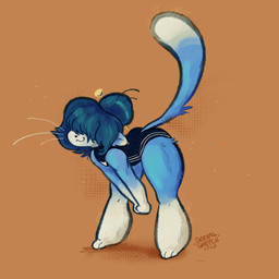 3_toes :3 accessory anthro barefoot bent_over biped blue_body blue_fur blue_hair clothing dipstick_tail feet femboy fur gloves_(marking) hair hair_accessory hair_bun hair_over_eyes hairpin leg_markings long_tail male markings multicolored_body multicolored_fur one-piece_swimsuit orange_background pear-shaped_figure raised_tail simple_background smile socks_(marking) solo swimwear tail tail_markings thick_calves thick_thighs three-quarter_view toes two_tone_body two_tone_fur whiskers white_body white_fur wide_hips gigaseraph zigstripes_(character) felid feline mammal 1:1 2020 full-length_portrait hi_res portrait signature