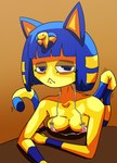 anthro bikini bikini_top blue_hair breast_rest breasts clothing female fur furniture hair looking_at_viewer resting simple_background sitting solo swimwear table tail two-piece_swimsuit yellow_body yellow_fur chel_motley animal_crossing nintendo ankha_(animal_crossing) domestic_cat felid feline felis mammal absurd_res digital_media_(artwork) hi_res shaded