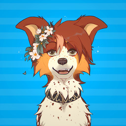 accessory black_nose blue_background brown_body brown_eyebrows brown_eyelashes brown_fur brown_hair cheek_tuft collar eyebrows eyelashes facial_tuft fangs female feral feral_with_hair flower flower_crown flower_in_hair freckled_face freckles front_view fur grey_eyes hair hair_accessory looking_at_viewer markings open_mouth open_smile orange_markings pattern_background pink_tongue plant short_hair simple_background smile smiling_at_viewer solo spots spotted_body spotted_fur spotted_markings striped_background teeth tongue tuft wearing_collar white_body white_flower white_fur azzai canid canine canis domestic_dog mammal 1:1 2021 colored digital_drawing_(artwork) digital_media_(artwork) shaded