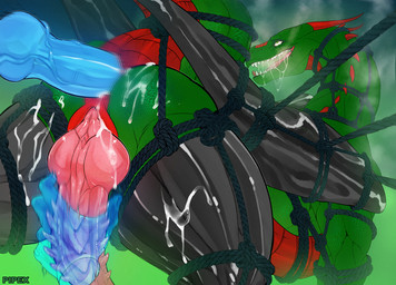 anal anal_penetration animal_genitalia big_butt bodily_fluids bound butt erection feral genital_slit genitals green_body green_scales horn knot male muscular muscular_feral muscular_male penetration penis pink_knot pink_penis pink_tongue red_body red_horn red_scales saliva scales solo teeth tongue pipex mythology calenruin dragon mythological_creature mythological_scalie scalie