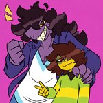 ambiguous_gender anthro breasts brown_hair claws cleavage clothed clothing duo female freckled_breasts freckles gesture grin hair hand_gesture hand_on_shoulder looking_at_viewer pink_background purple_body purple_skin red_eyes sharp_teeth simple_background smile teeth v_sign nerdyreindeer deltarune undertale_(series) kris_(deltarune) susie_(deltarune) dinosaur human mammal prehistoric_species reptile scalie 1:1