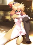 angry anthro blonde_hair blush blush_lines breasts clothing countershading female genitals hair humanoid_genitalia humanoid_pussy legwear nipples pussy solo stockings thigh_highs tsampikos animal_crossing nintendo isabelle_(animal_crossing) canid canine canis domestic_dog mammal shih_tzu toy_dog hi_res