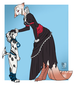 anthro beak bikini black_highlights claws clothing dress duo ear_piercing eyelashes feathers feet female female/female fur hair highlights_(coloring) petting piercing red_eyes scuted_legs scutes short_hair size_difference spots swimwear tail tail_feathers tail_motion tailwag talons toes two-piece_swimsuit white_body white_feathers white_fur white_hair wolfyakuga hellaverse the_lesser_key_of_solomon kara_resch vilhelmina avian bird canid canine canis dalmatian demon domestic_dog mammal owl owl_demon hi_res