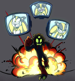 anthro claws creepy_smile ear_tuft electronics explosion feet male markings monitor red_feet red_hands running_away sharp_teeth smile teeth toe_claws tuft invdrscar sega sonic_boom sonic_the_hedgehog_(series) plagg_(invdrscar) sticks_the_jungle_badger alien badger black_arms_(sonic) mammal mustelid musteline