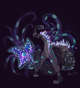 abyss bisected blue_flesh bodily_fluids body_horror chest_mouth drooling eldritch feet male multi_eye multi_mouth nightmare_fuel parasite paws purple_flesh saliva slime tail tail_mouth teeth tentacles unusual_anatomy unusual_tail roco seth_raccoon eldritch_abomination absurd_res hi_res
