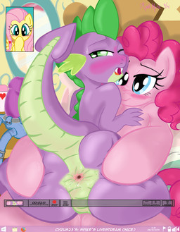 anus backsack balls big_butt blush bodily_fluids butt butt_grab dildo exhibitionism feathered_wings feathers female feral from_front_position fur gaping gaping_anus genitals group hair hand_on_butt interspecies looking_at_viewer looking_back male male/female mastery_position on_top pink_hair pupils sex sex_toy slit_pupils spread_butt spreading straddling sweat tail video_call voyeur vulva wings yellow_body yellow_feathers rhk friendship_is_magic hasbro my_little_pony mythology fluttershy_(mlp) pinkie_pie_(mlp) spike_(mlp) dragon earth_pony equid equine horse mammal mythological_creature mythological_equine mythological_scalie pegasus pony scalie 2014 hi_res
