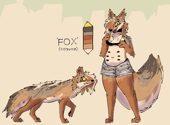 anthro bra brown_body brown_fur clothing ear_piercing female feral fur multi_nipple navel nipples open_mouth orange_body orange_fur piercing simple_background slightly_chubby solo tan_body tan_fur text torn_clothing underwear yellow_eyes foxes-radio canid canine canis coyote mammal english_text hi_res model_sheet