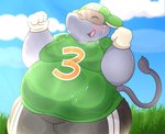 anthro belly blush bodily_fluids bottomwear clothing exercise eyes_closed gloves grey_body handwear humanoid_hands kemono male obese obese_anthro obese_male outside overweight overweight_anthro overweight_male pants shirt solo sweat topwear visor workout kusosensei animal_crossing nintendo big_top_(animal_crossing) elephant elephantid mammal proboscidean 2021 hi_res