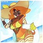 :3 beach big_breasts big_hat bikini breasts clothed clothing female hair hat headgear headwear inflatable inner_tube leaf leaf_tail looking_at_viewer navel orange_hair partially_clothed sea sky solo standing sun_hat swimwear tail tongue tongue_out two-piece_swimsuit water eviex_01 2025 digital_media_(artwork)