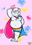 anthro belly blush cape clothing fur hair hand_behind_back hand_behind_head lgbt_pride male medium_length_hair moobs navel overweight overweight_anthro overweight_male paint_splatter pansexual_pride_colors pride_colors solo underwear white_body white_fur white_hair salsa_squad echo_(calahootheyeen) bear mammal polar_bear ursine absurd_res hi_res