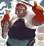 anthro clothing fish_meat food humanoid_hands knife male meat nipples overweight overweight_anthro overweight_male scar shirt solo topwear motogen fish mammal marine pinniped walrus 2014