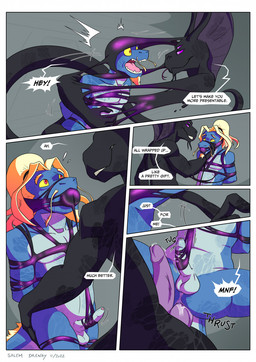 2_penises anal anal_penetration anthro balls barbel_(anatomy) bdsm blonde_hair bodily_fluids bondage bound dialogue diphallism dominant dominant_male dripping duo erection foreskin gag gagged genital_fluids genitals hair male male/male multi_genitalia multi_penis nude penetration penile penile_penetration penis penis_in_ass precum precum_drip serpentine smile submissive submissive_male text thevoidwalker mythology sek-raktaa cobra dragon goo_creature mythological_creature mythological_scalie reptile scalie snake 2022 comic english_text hi_res