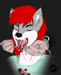 ambiguous_gender blood bodily_fluids clamp clothing disembodied_hand duo forked_tongue gloves gore hair handwear piercing piercing_parlor red_hair solo_focus tongue celestialoddity rexcanis canid canine canis mammal wolf hi_res