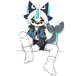 3_toes 4_ears 4_fingers anthro bangs black_body black_bottomwear black_clothing black_ears black_fur black_shorts blue_clothing blue_horn blue_inner_ear blue_jacket blue_markings blue_topwear bottomwear cetacean_tail cheek_tuft circle_eyebrows clothed clothing clothing_pull countershading eyebrows facial_tuft feet fingers foot_focus footwear fur hair horn inner_ear_fluff jacket kemono legwear looking_down male markings multi_ear multicolored_ears open_clothing open_jacket open_topwear pink_nose shirt shorts simple_background sitting socks solo straps streetwear techwear toes topwear translucent translucent_clothing translucent_footwear translucent_socks tuft two_tone_ears white_background white_body white_clothing white_countershading white_fur white_hair white_inner_ear_fluff white_legwear white_shirt white_topwear yellow_eyes young young_anthro young_male windbiom hefeng_character aquatic cetacean furred_cetacean mammal 1:1 hi_res