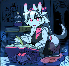 anthro book bottle clothing container female hair hat headgear headwear horn inside kneeling night pale_skin pink_eyes potion reading reading_book solo staff tail white_hair fushark mythology demon dragon mythological_creature mythological_scalie reptile scalie hi_res