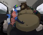 5_fingers absurd_res aloha_shirt anthro bag bear beard belly belly_grab big_belly big_nipples black_bottomwear black_clothing black_nose black_pants blue_body blue_fur blush bottomwear brown_beard brown_body brown_eyes brown_facial_hair brown_fur brown_nipples brown_nose canid canine canis car car_interior claws clothed clothing domestic_dog duo eyebrows eyes_closed facial_hair fangs fingers food_bag fur hair hand_on_back hand_on_belly hi_res holding_stomach inside_car kissing male male/male mammal multicolored_hair navel nipples obese obese_anthro obese_male one_eye_closed open_clothing open_mouth open_shirt open_topwear overweight overweight_anthro overweight_male pants pattern_clothing pattern_shirt pattern_topwear rainbow_hair shirt sitting tan_belly tcw teeth topwear vehicle weight_gain