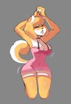 4_fingers anthro blush breasts camisole clothed clothing collar covered_breasts eyebrows eyes_closed female fingers genitals grey_background hair kneeling legwear lips motion_lines pink_collar raised_arm shaking short_hair simple_background skimpy solo stockings tight_clothing vulva white_eyebrows tbart tbat butterscotch_(peargor) canid canine canis domestic_dog mammal shiba_inu spitz absurd_res hi_res