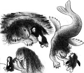 anthro claws curly_hair duo female flippers hair membrane_(anatomy) sitting size_difference webbed_hands ink-the-artist european_mythology greek_mythology mythology aquatic avian harpy leopard_seal mammal mythological_avian mythological_creature pinniped seal taur 2025 hi_res monochrome traditional_media_(artwork)