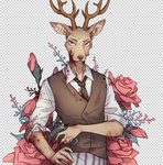 anthro antlers blood bodily_fluids brown_body brown_fur clothed clothing flower fully_clothed fur gun holding_gun holding_object holding_ranged_weapon holding_weapon horn inner_ear_fluff male necktie plant ranged_weapon shirt solo topwear tuft weapon smallyu beastars louis_(beastars) cervine deer mammal red_deer 2019