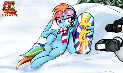 blue_body blue_feathers blue_fur camera clitoris clothed clothing cutie_mark feathered_wings feathers female feral fur genitals grin hair looking_at_viewer lying multicolored_hair multicolored_tail on_back outside plant rainbow_hair rainbow_tail scarf smile snow snowboard solo tail tree vulva wings winter jetwave friendship_is_magic hasbro my_little_pony mythology rainbow_dash_(mlp) equid equine mammal mythological_creature mythological_equine pegasus 2016