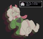 anthro barefoot clothed clothing dialogue eyes_closed eyewear feet femboy foot_focus fur glasses horn male partially_clothed presenting simple_background solo text toes white_body white_fur catboyz deltarune undertale_(series) ralsei bovid caprine goat mammal absurd_res hi_res