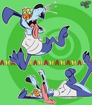 blue_body blue_fur claws clothed clothing feral fur green_background laugh male open_mouth restraints simple_background smile solo straitjacket text tongue tongue_out toony johnnythecheesy activision crash_bandicoot_(series) ripper_roo kangaroo macropod mammal marsupial digital_media_(artwork) english_text hi_res