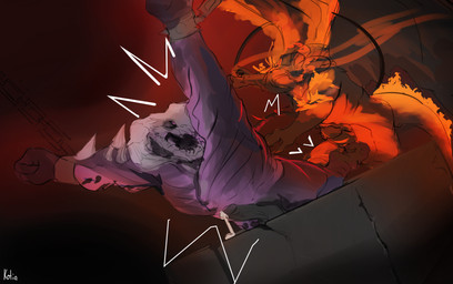 anthro balls bdsm biceps bodily_fluids bondage bone bound chain chained chained_cuffs claws cum dominant dominant_male duo ejaculation erection fire flaming_tail genital_fluids genitals horn humanoid_genitalia humanoid_penis male male/male muscular muscular_male not_furry nude open_mouth penis simple_background skull skull_head submissive submissive_male tail teeth whip whipping kotia j._r._r._tolkien middle-earth_(tolkien) balrog_(the_lord_of_the_rings) demon hi_res