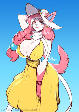 anthro anthrofied big_breasts blush breasts clothed clothing curvy_figure dress female hair huge_breasts long_hair looking_at_viewer nipple_outline pokemorph solo sundress text inu-sama nintendo pokemon elaine_(inu-sama) eeveelution generation_6_pokemon pokemon_(species) sylveon 2021 hi_res url
