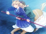 4:3 blonde_hair centaur clothed clothing duo equid equid_taur european_mythology female greek_mythology hair humanoid_taur mammal mammal_taur melee_weapon monster_girl_(genre) mythology polearm quadruped riding school_uniform sei_monmusu_gakuen staff straddling tail taur uniform vanadis weapon