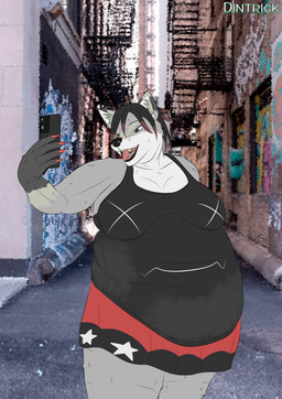 anthro belly big_belly black_hair bottomwear cellphone cellulite clothing colored_nails electronics female fur grey_body grey_eyes hair nails open_mouth overweight overweight_female phone red_nails selfie shirt skirt smartphone solo tank_top teeth thick_thighs tongue topwear dintrick canid canine canis mammal wolf absurd_res hi_res