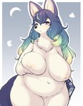 anthro belly big_breasts black_nose blonde_hair blue_hair blush bodily_fluids book breasts chest_tuft female female_anthro fluffy fur genitals green_hair hair holding_book holding_object huge_breasts inverted_nipples kemono looking_at_viewer multicolored_hair navel nipples nude overweight overweight_anthro overweight_female purple_eyes purple_hair pussy solo sweat sweatdrop tuft white_body white_fur tokumori_kaisen lifewonders tokyo_afterschool_summoners hekate_(tas) canid canine canis mammal wolf hi_res portrait three-quarter_portrait