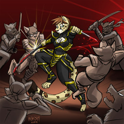 4_toes 5_fingers anthro armor assassin blood bodily_fluids bottomwear breasts brown_hair cleavage cleavage_cutout clothed clothing cutout dagger facial_markings feet female fight fingers fur gore group hair head_markings keyhole_turtleneck loincloth male markings melee_weapon pose simple_background sweater sword toes topwear turtleneck weapon heresy_(artist) kora_brandis cheetah felid feline hybrid mammal pantherine snow_leopard 1:1 2018 digital_media_(artwork) hi_res shaded