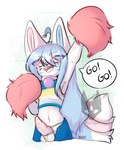 anthro ball_tuft balls blue_body blue_fur breasts cheerful cheering cheerleader cheerleading_pose clothed clothing collar erection fluffy fluffy_tail fur genitals gynomorph hair happy heart_eyes heart_symbol intersex knot long_hair penis pink_body pink_fur solo tail tuft underwear white_body maiiyumi maiiyu canid canine fennec_fox fox mammal true_fox hi_res