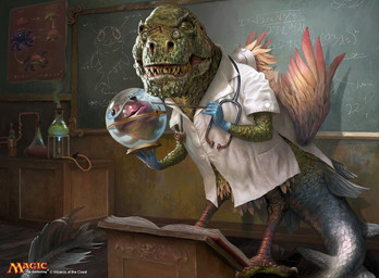 anthro blue_clothing blue_gloves blue_handwear book chalkboard clothing coat detailed_background duo eyewear feathered_wings feathers feet fin glasses gloves handwear lab_coat laboratory looking_down male medical_instrument round_glasses scientific_instrument sharp_teeth smile standing stethoscope tail talons teeth toes topwear wings simon_dominic hasbro magic:_the_gathering wizards_of_the_coast aquatic avian bird cephalopod chicken chimera coleoid dinosaur fish galliform mollusk octopodiform octopus phasianid prehistoric_species reptile saurischian scalie theropod tyrannosaurid tyrannosauroid tyrannosaurus tyrannosaurus_rex 2016 official_art